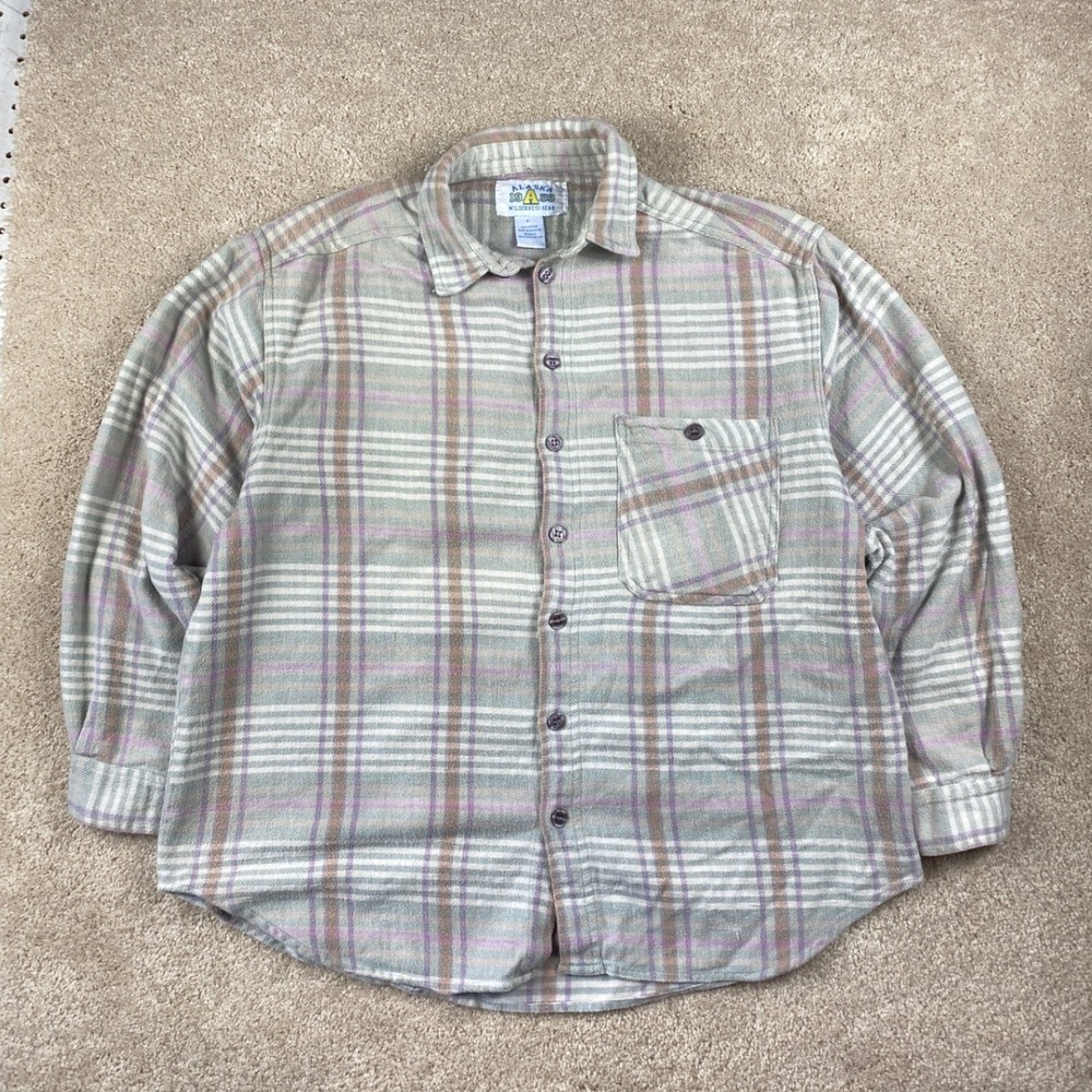 Alaska‎ Wilderness Gear Plaid Flannel Shirt Green Lavender Tan Cotton Large